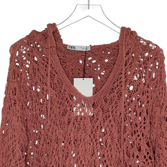 Zara Womens Dusty Rose Crochet Open Knit Hoodie Sweatshirt M NEW Unlined - Picture 5 of 11